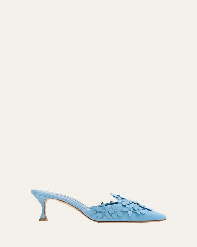 Harnes Flower Suede Kitten-Heel Mules
